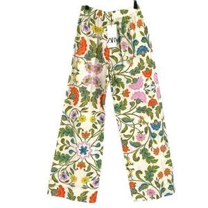NWT Zara Boho Cream Green Floral High Waist Pull On Wide Leg Pants Size XS